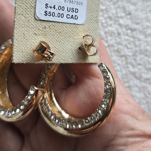 ANTHROPOLOGIE, Pave Open Hoop Earrings, Gold Tone- NEW! - Picture 5 of 5